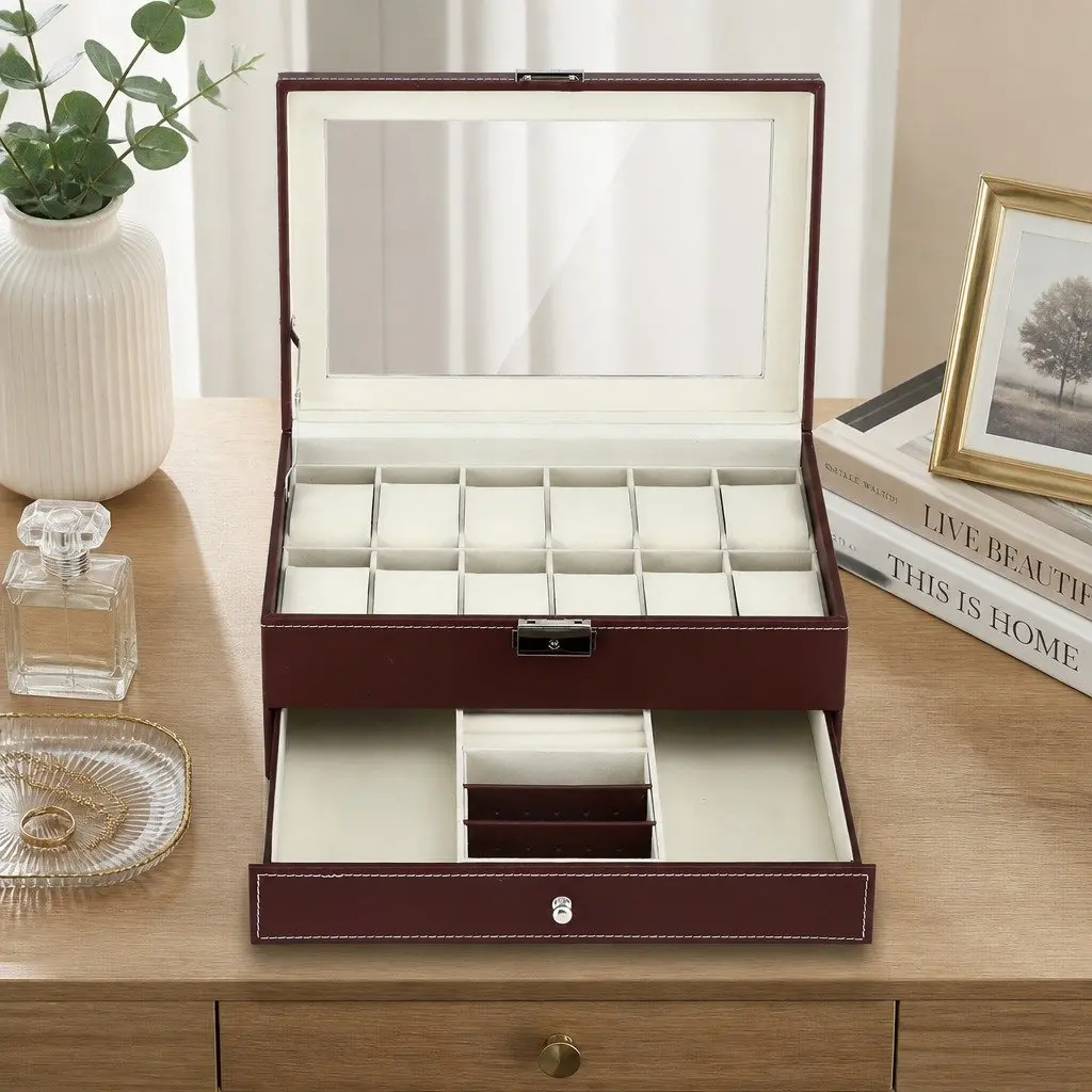 Watch Box Organizer Brown Two-Tier Clear Glass Display Large Capacity Storage