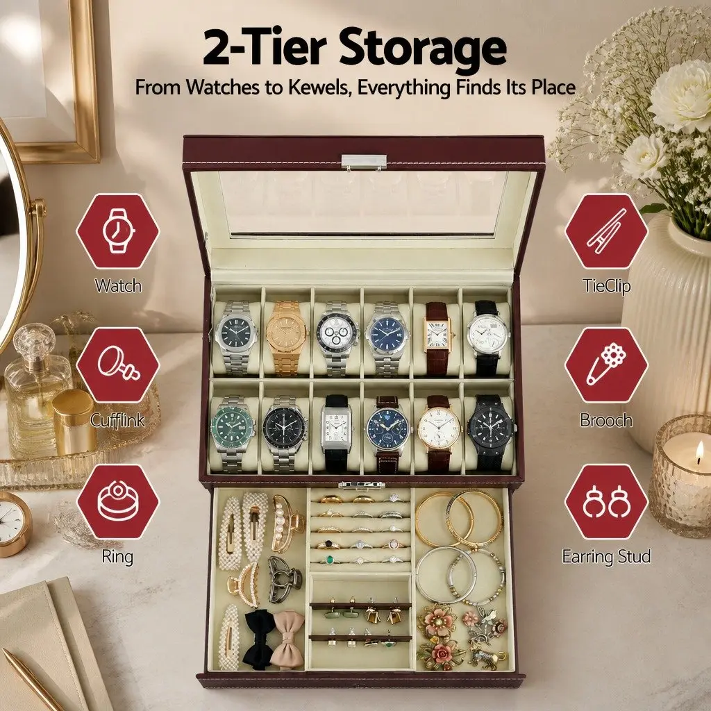 Watch Box Organizer Brown Two-Tier Clear Glass Display Large Capacity Storage