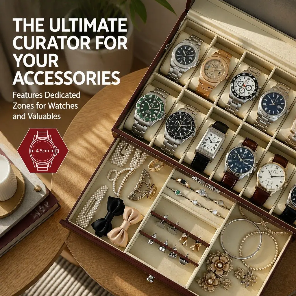 Watch Box Organizer Brown Two-Tier Clear Glass Display Large Capacity Storage