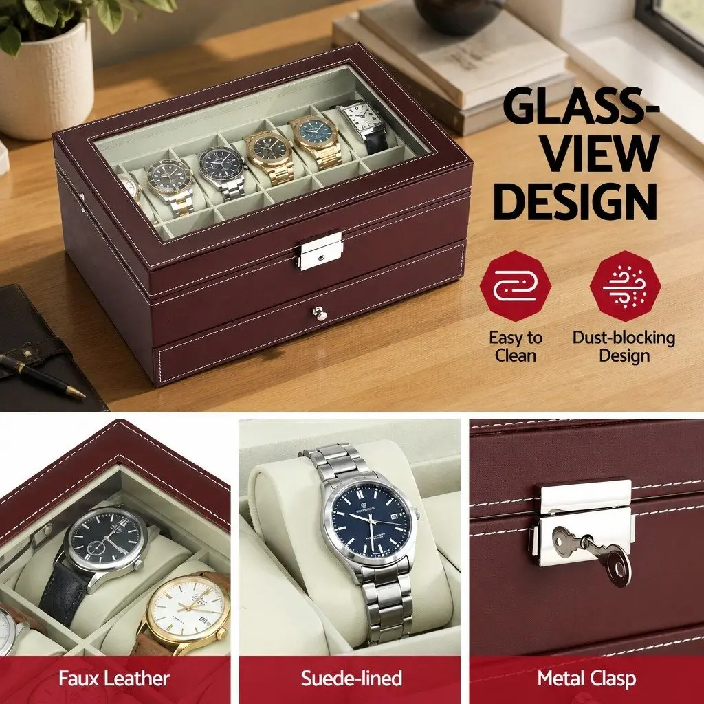 Watch Box Organizer Brown Two-Tier Clear Glass Display Large Capacity Storage