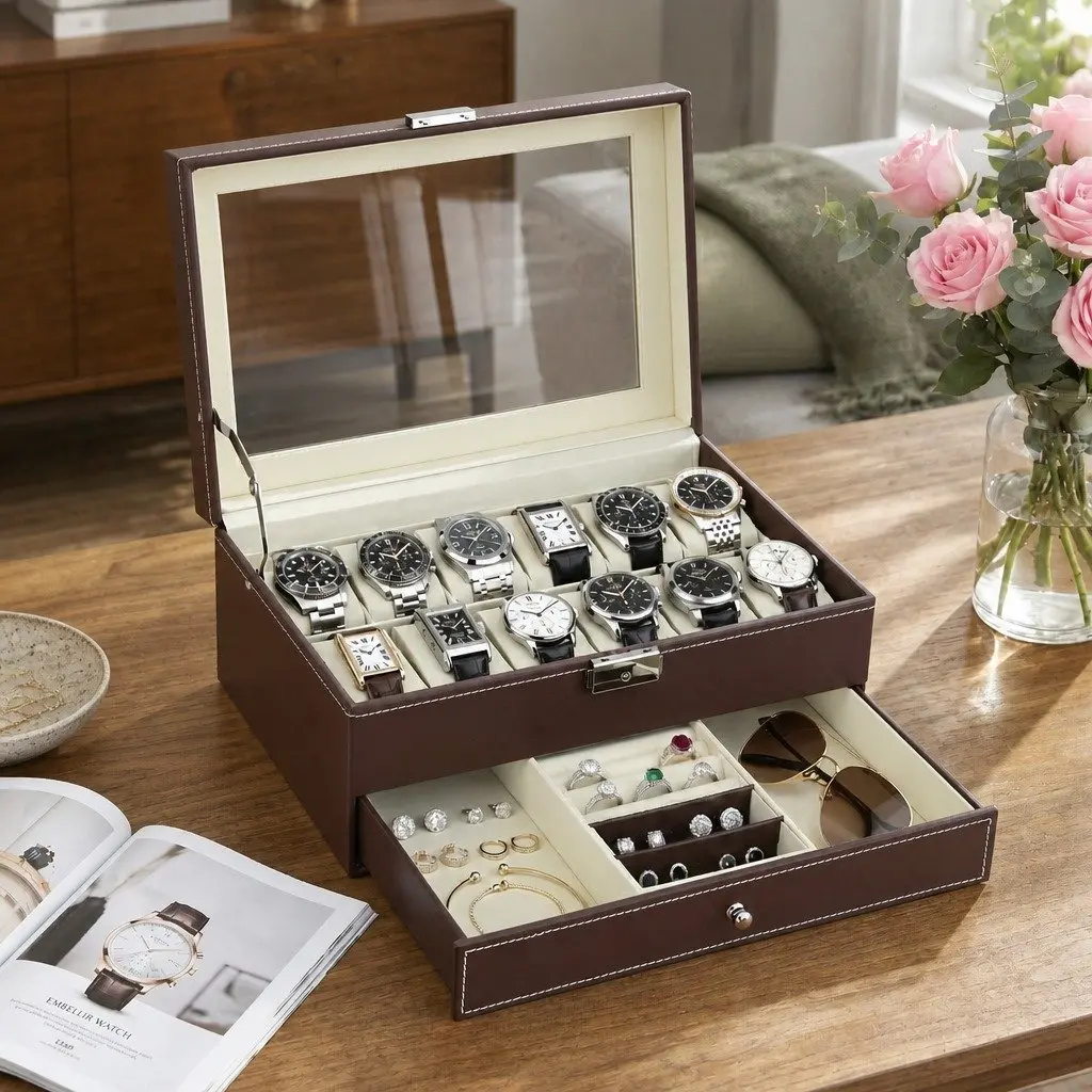 Watch Box Organizer Brown Two-Tier Clear Glass Display Large Capacity Storage