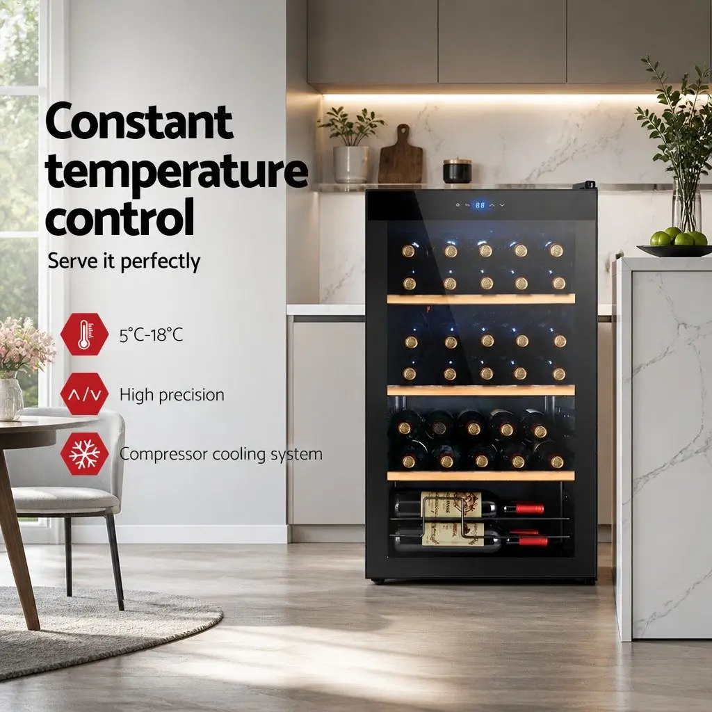 Wine Fridge Cooler 34 Bottles Black Beverage Chiller Touch Control Temperature