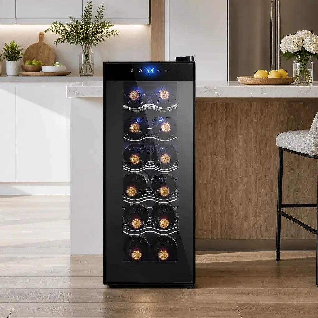 Wine Fridge Cooler Black 12 Bottles Thermoelectric Compact Storage Glass