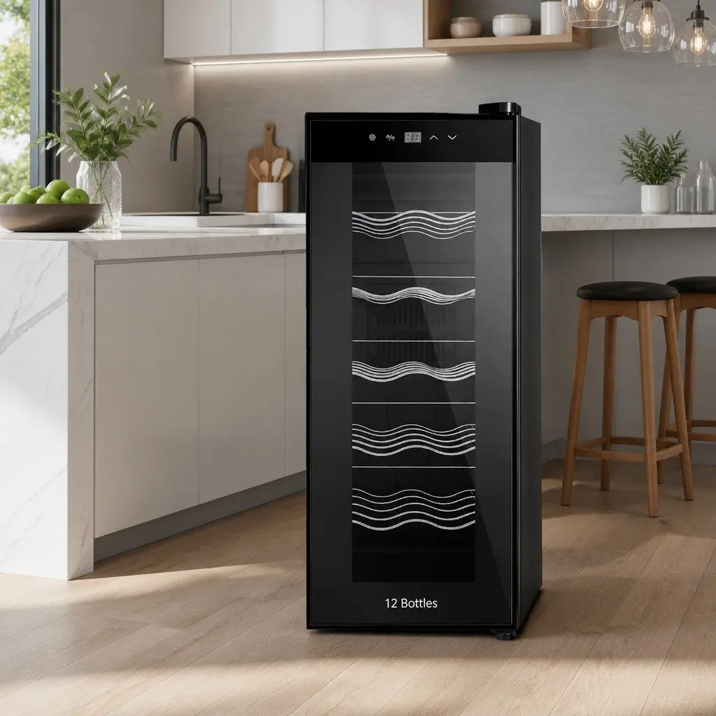 Wine Fridge Cooler Black 12 Bottles Thermoelectric Compact Storage Glass