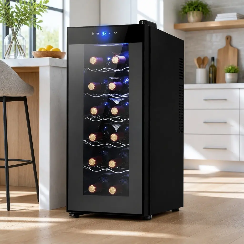 Wine Fridge Cooler Black 12 Bottles Thermoelectric Compact Storage Glass