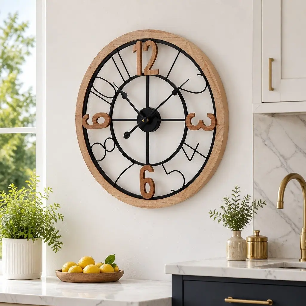 Wall Clock Black and Pine 60cm Metal and MDF Frame Large Arabic Numerals