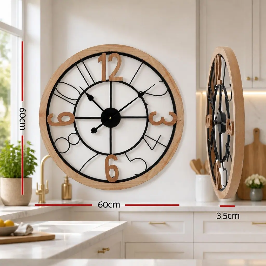 Wall Clock Black and Pine 60cm Metal and MDF Frame Large Arabic Numerals