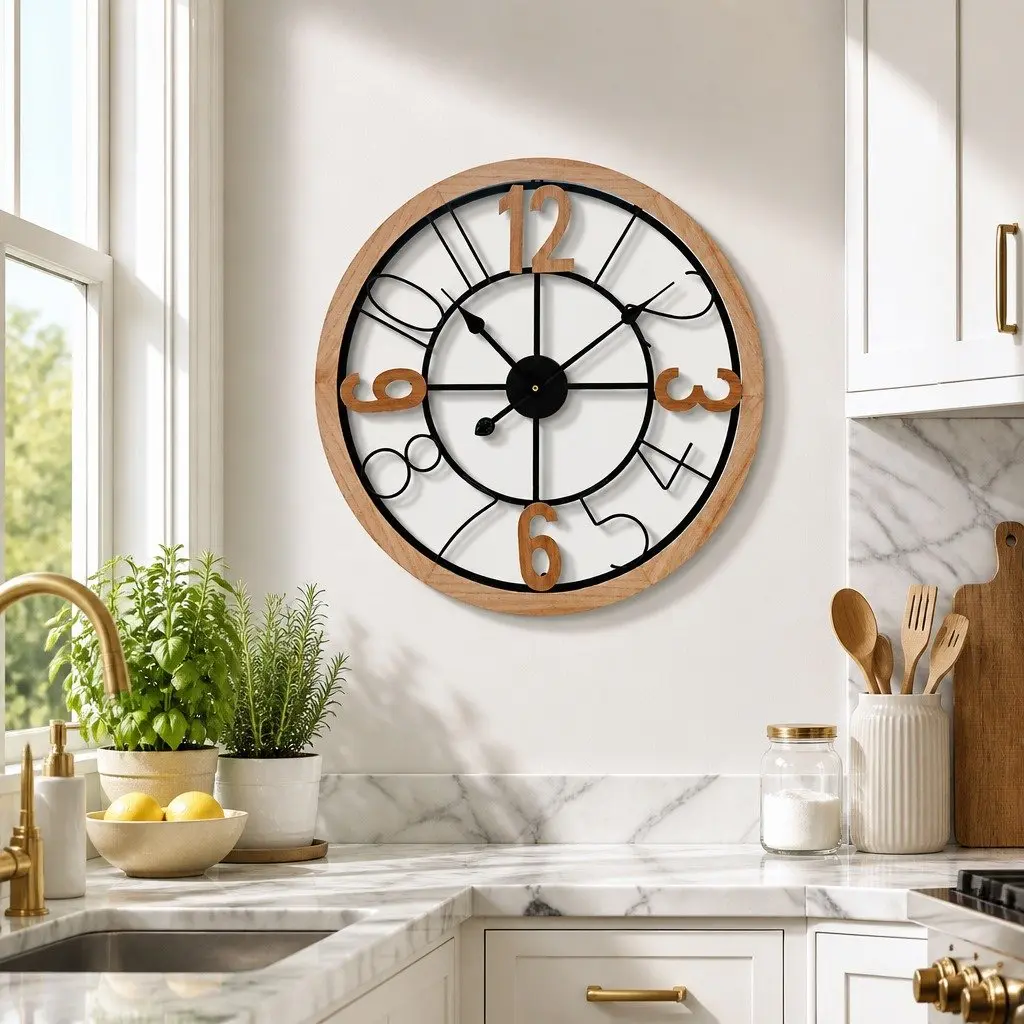 Wall Clock Black and Pine 60cm Metal and MDF Frame Large Arabic Numerals