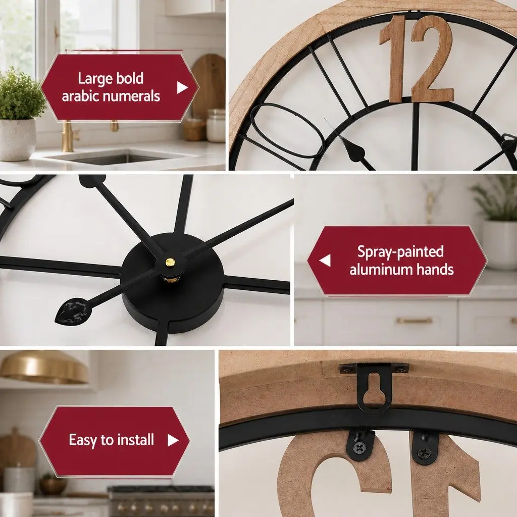 Wall Clock Black and Pine 60cm Metal and MDF Frame Large Arabic Numerals