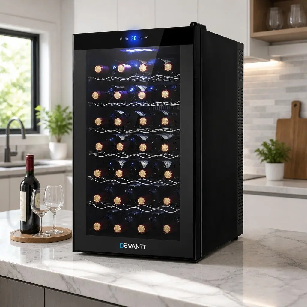 Wine Fridge Cooler Black 28 Bottles Thermoelectric Temperature Control