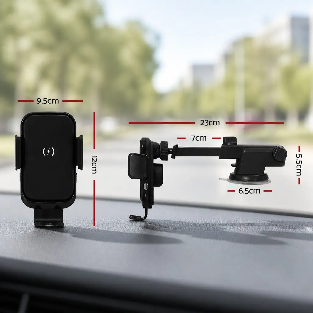 Wireless Car Charger Black 15W Fast Charging Automatic Phone Locking Suction Cup Mount