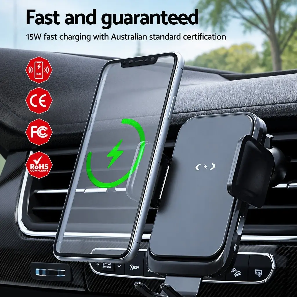 Wireless Car Charger Black 15W Fast Charging Automatic Phone Locking Suction Cup Mount