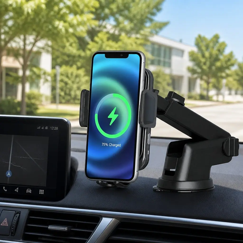 Wireless Car Charger Black 15W Fast Charging Automatic Phone Locking Suction Cup Mount