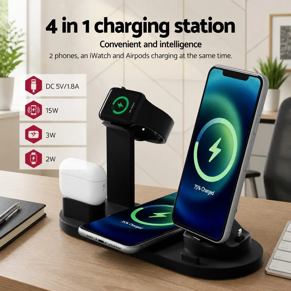 4 in 1 Wireless Charging Station Black Multi-Device Dock for Phone iWatch Airpods 15W