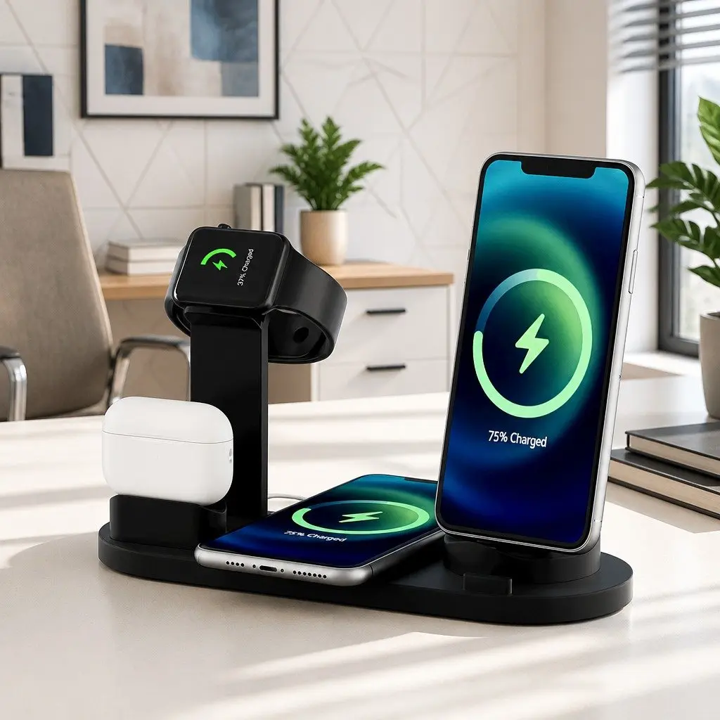 4 in 1 Wireless Charging Station Black Multi-Device Dock for Phone iWatch Airpods 15W