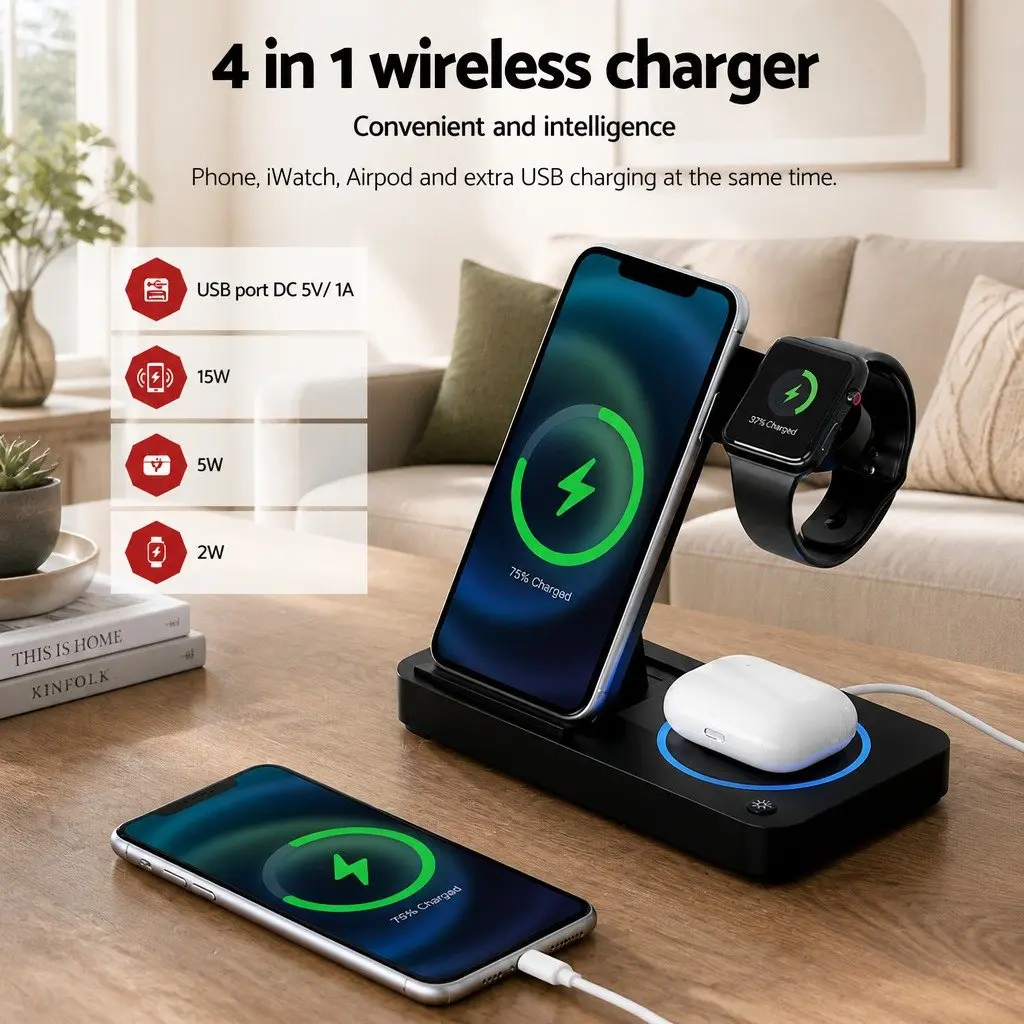 4-in-1 Wireless Charger Station Black Fast Charging for Phone iWatch Airpods USB