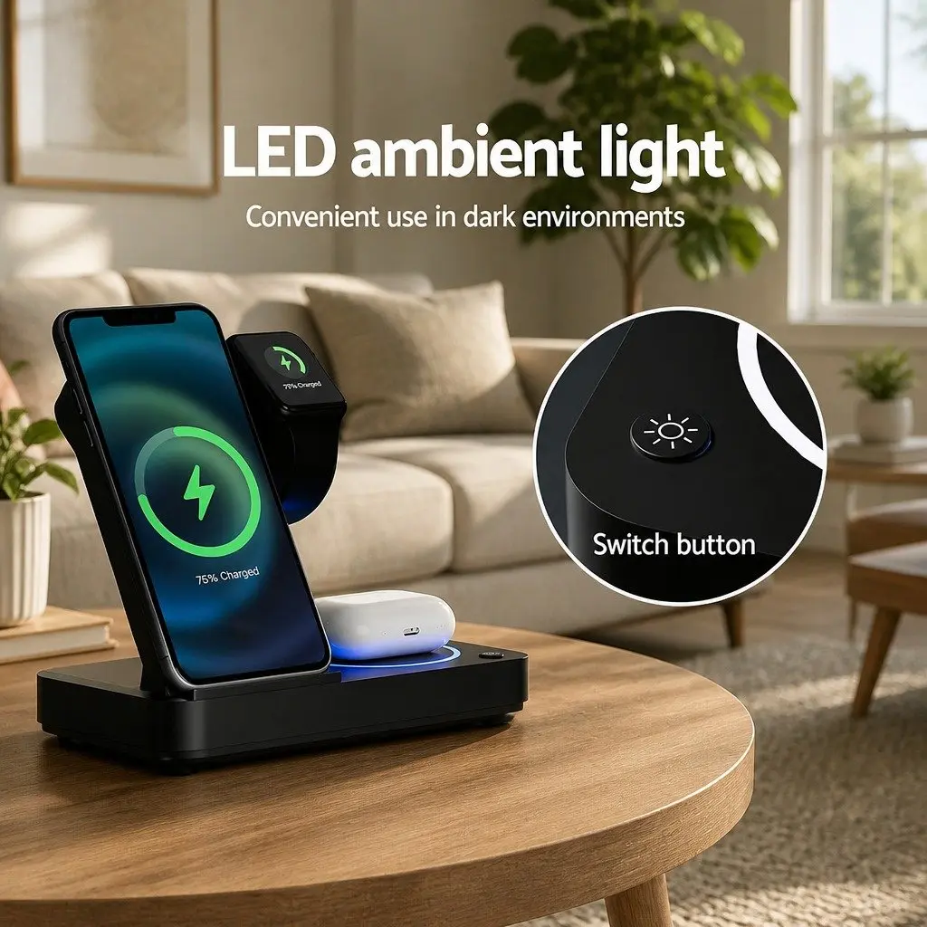 4-in-1 Wireless Charger Station Black Fast Charging for Phone iWatch Airpods USB