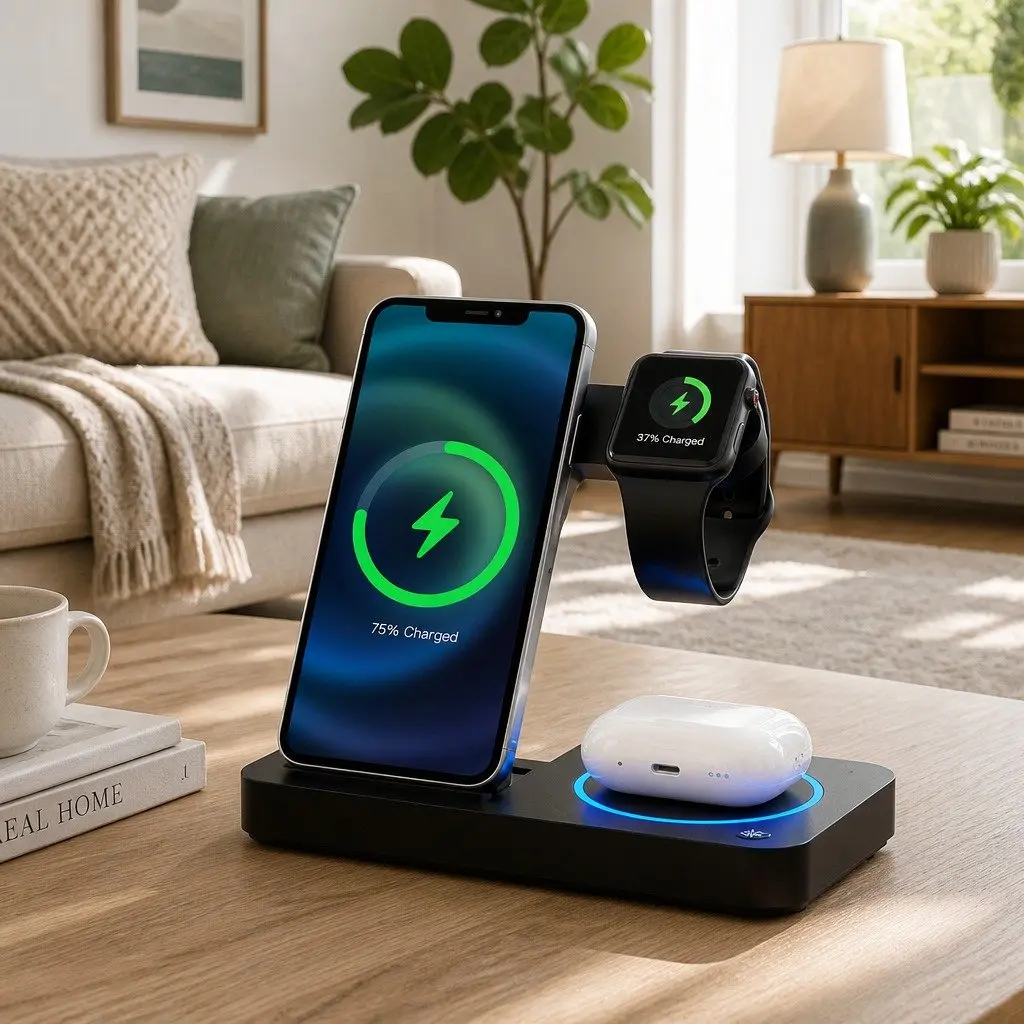 4-in-1 Wireless Charger Station Black Fast Charging for Phone iWatch Airpods USB