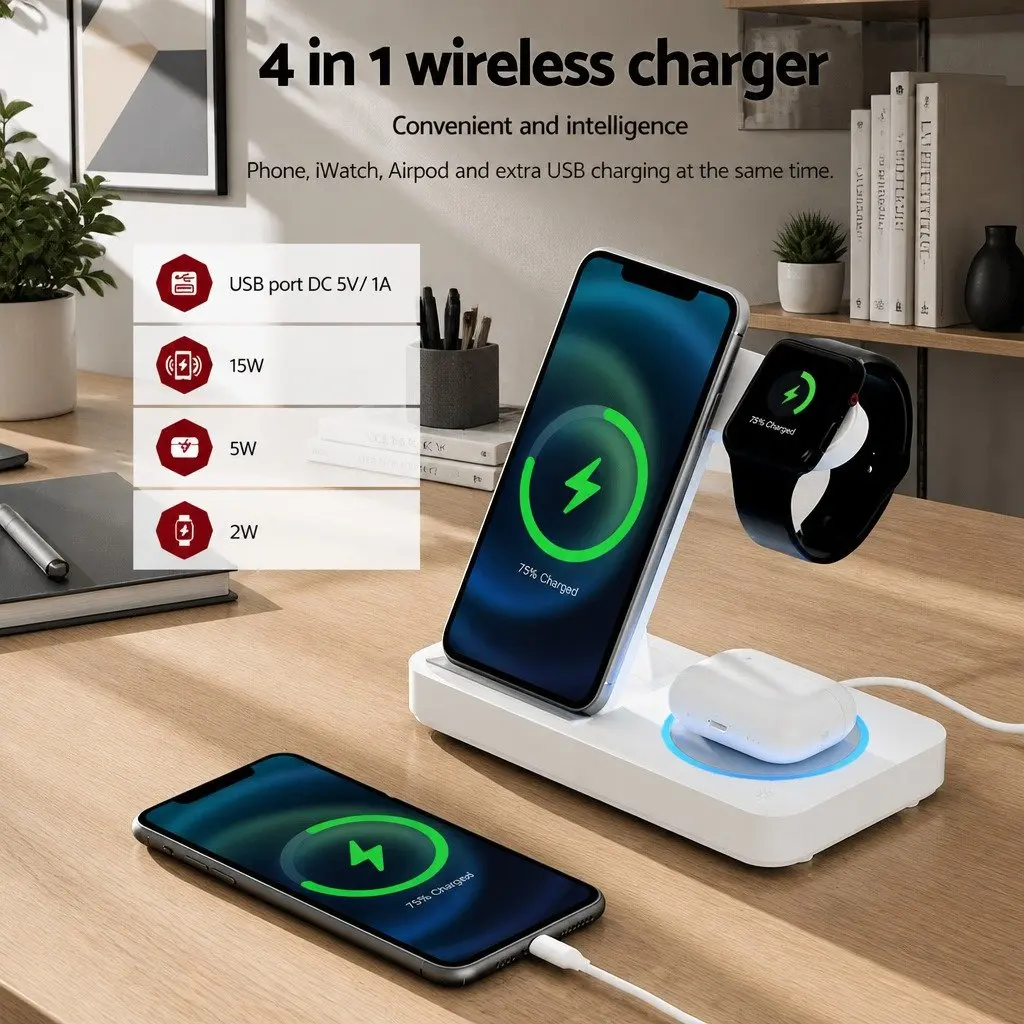 4-in-1 Wireless Charger Dock White Compact Fast Charging Station for Phone Watch Earbuds