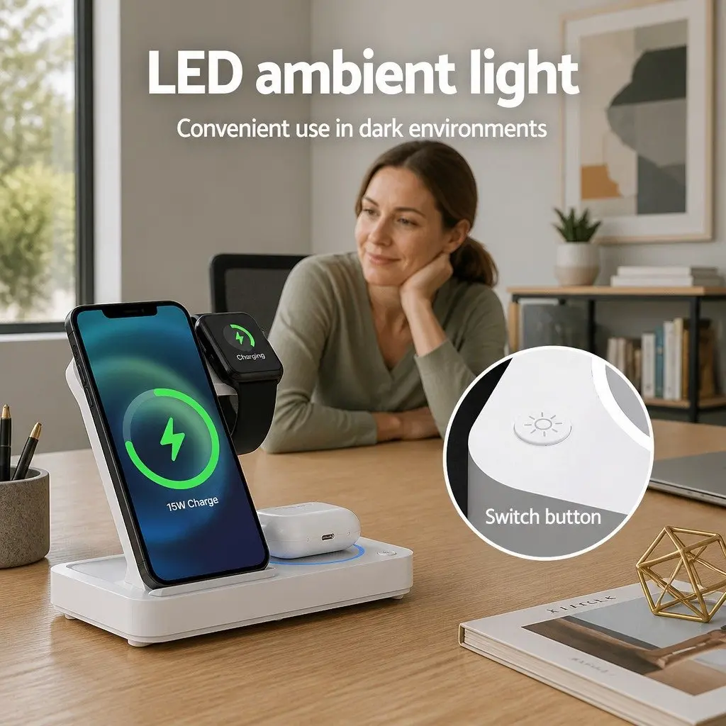 4-in-1 Wireless Charger Dock White Compact Fast Charging Station for Phone Watch Earbuds