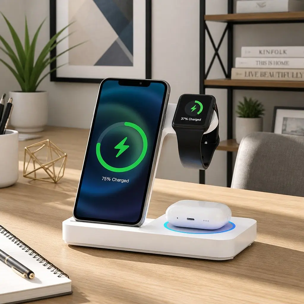 4-in-1 Wireless Charger Dock White Compact Fast Charging Station for Phone Watch Earbuds