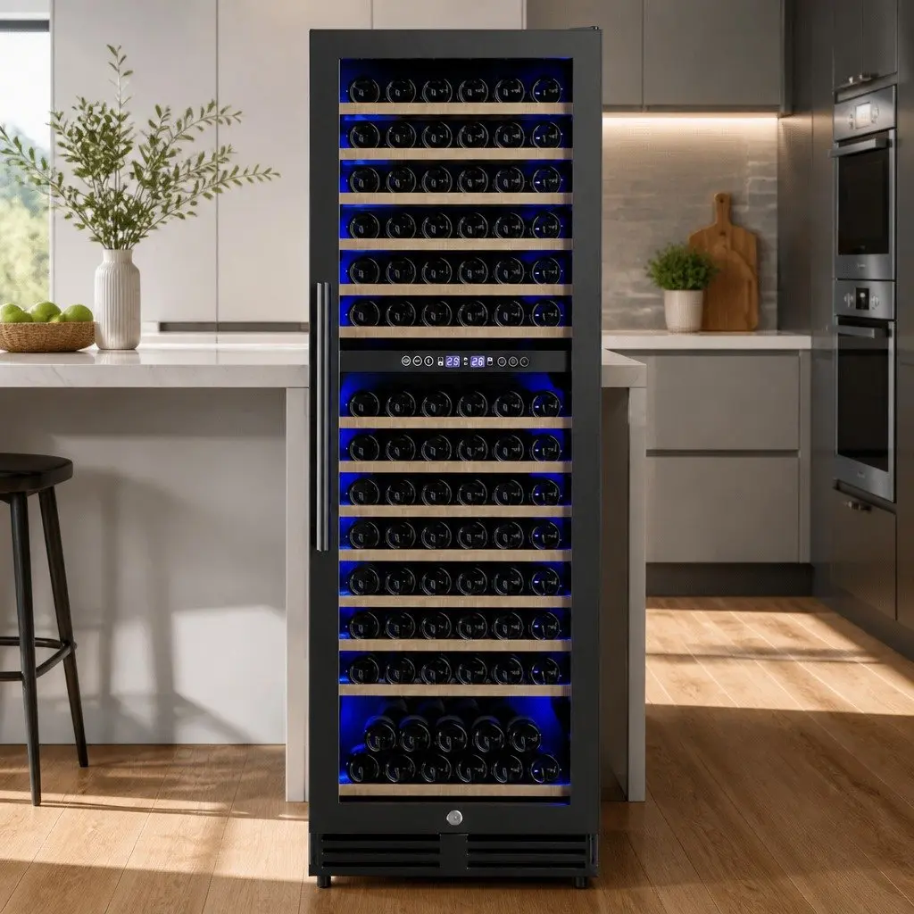 Wine Fridge Cooler Black 154 Bottles Dual Zone Compressor Refrigerant Wooden Racks