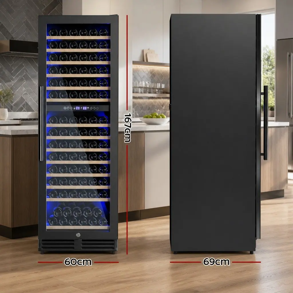 Wine Fridge Cooler Black 154 Bottles Dual Zone Compressor Refrigerant Wooden Racks