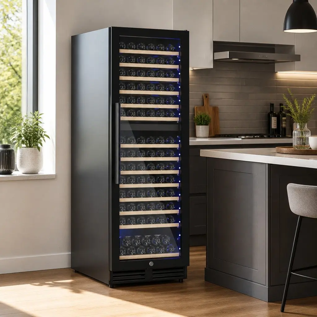 Wine Fridge Cooler Black 154 Bottles Dual Zone Compressor Refrigerant Wooden Racks