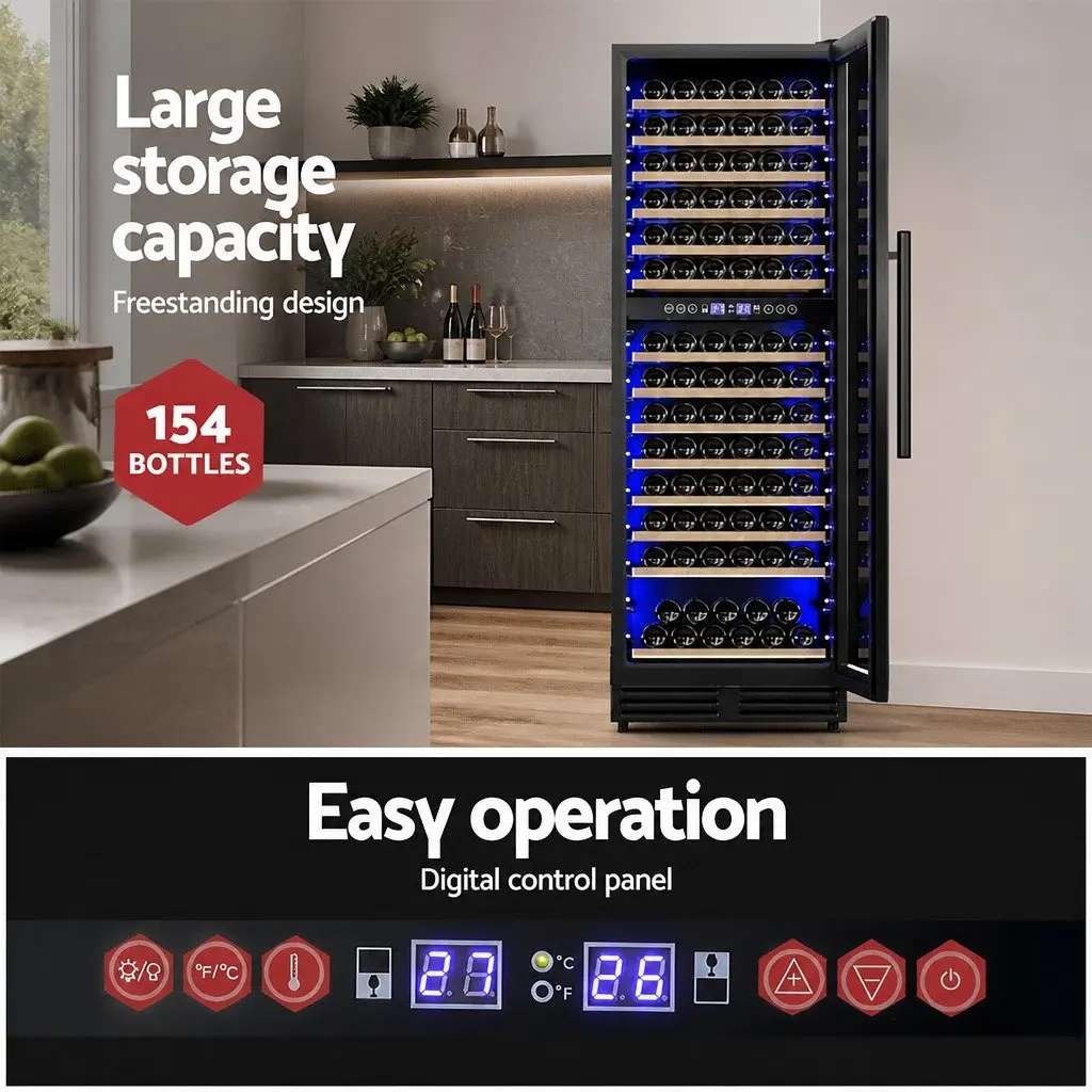 Wine Fridge Cooler Black 154 Bottles Dual Zone Compressor Refrigerant Wooden Racks