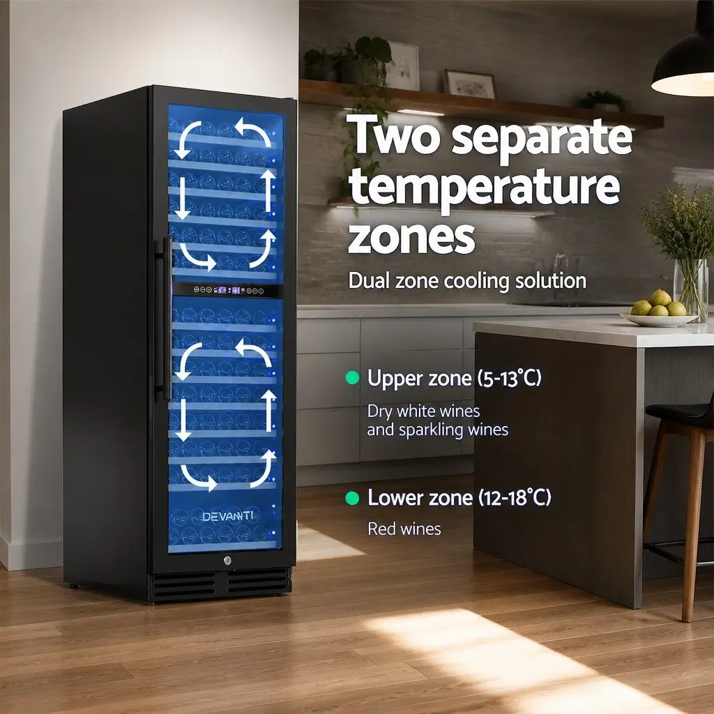 Wine Fridge Cooler Black 154 Bottles Dual Zone Compressor Refrigerant Wooden Racks