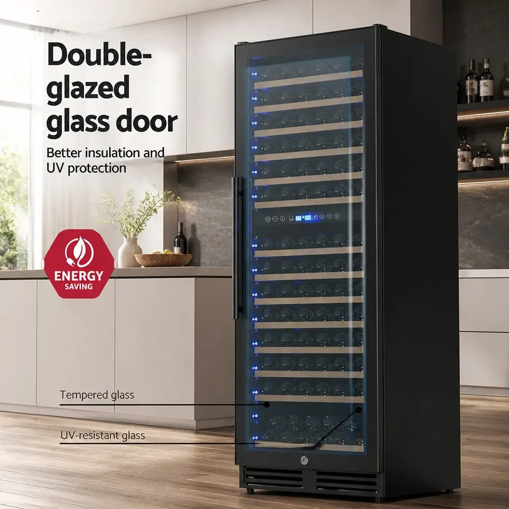 Wine Fridge Cooler Black 154 Bottles Dual Zone Compressor Refrigerant Wooden Racks
