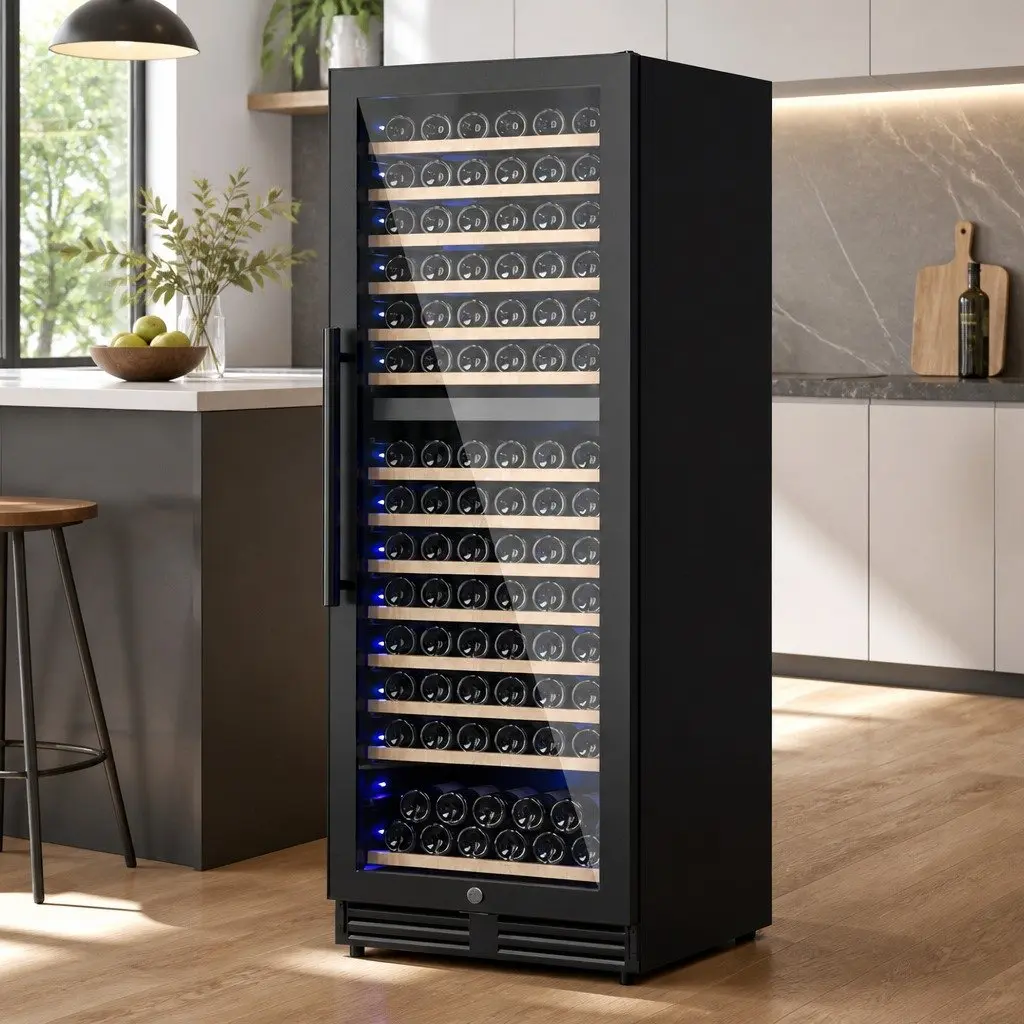 Wine Fridge Cooler Black 154 Bottles Dual Zone Compressor Refrigerant Wooden Racks