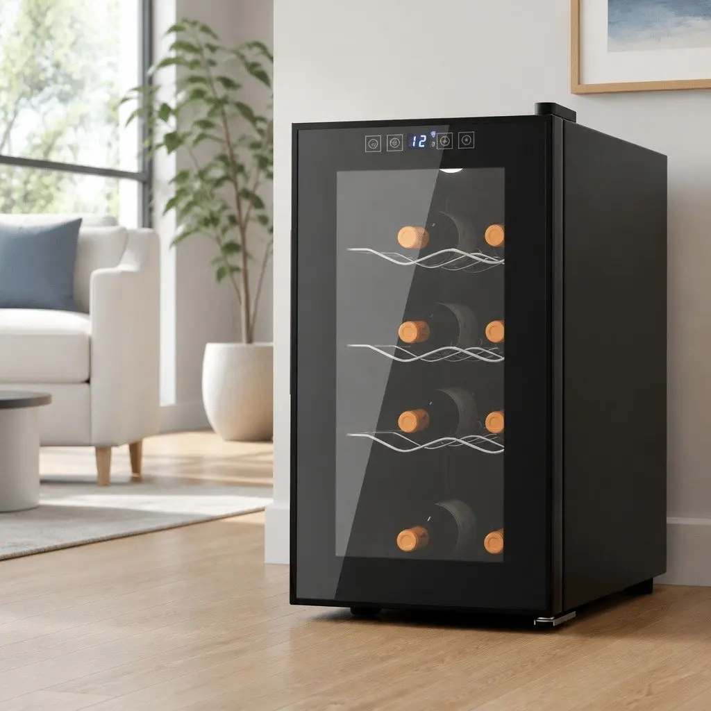 Wine Fridge Cooler 8 Bottles Black Thermoelectric Digital Control LED Glass Door