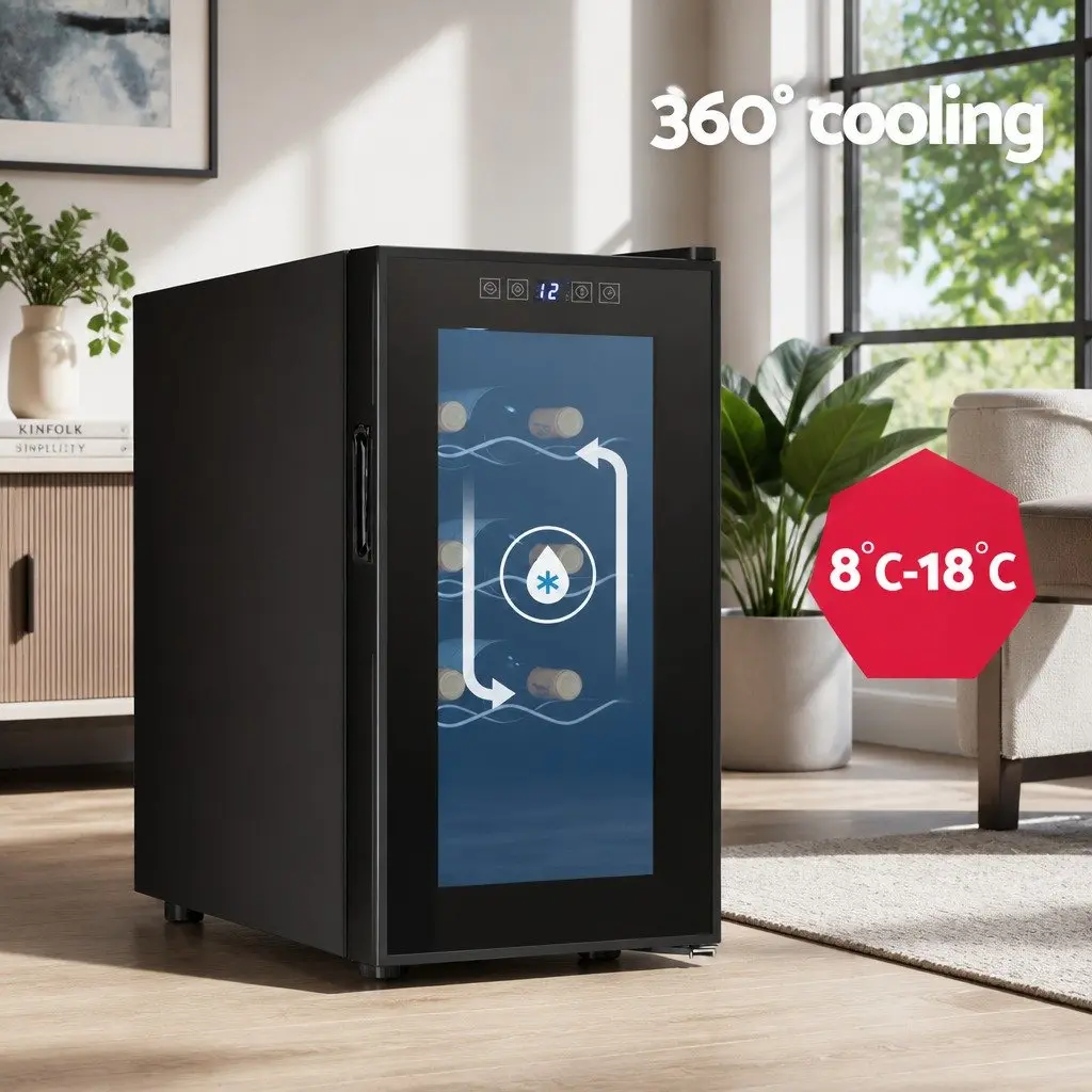 Wine Fridge Cooler 8 Bottles Black Thermoelectric Digital Control LED Glass Door