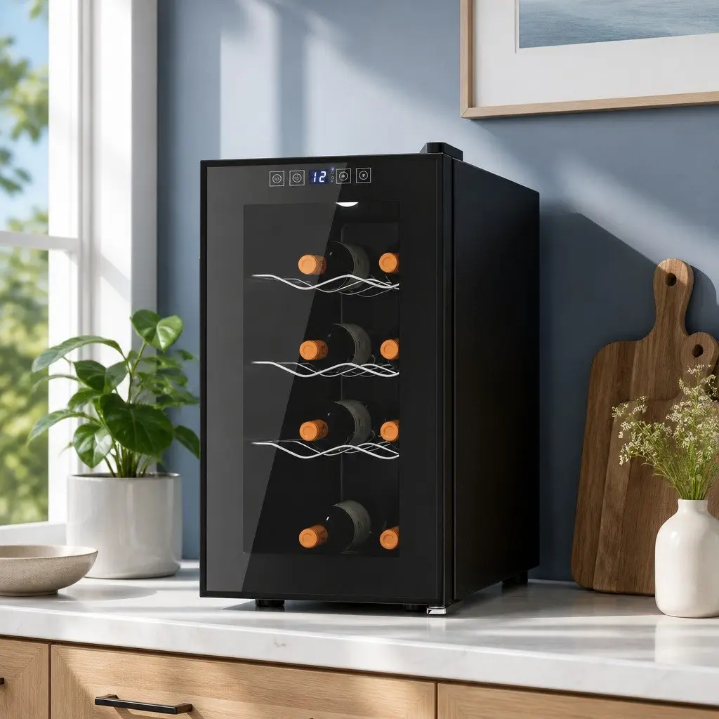 Wine Fridge Cooler 8 Bottles Black Thermoelectric Digital Control LED Glass Door