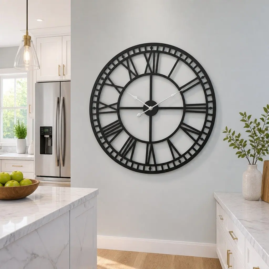 Large Wall Clock Black 80cm Metal Vintage Style with 3D Roman Numerals