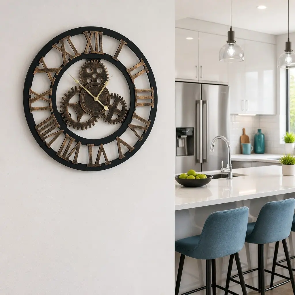 Large 60cm Wall Clock Retro Roman Numerals Steampunk Home Decor Brown