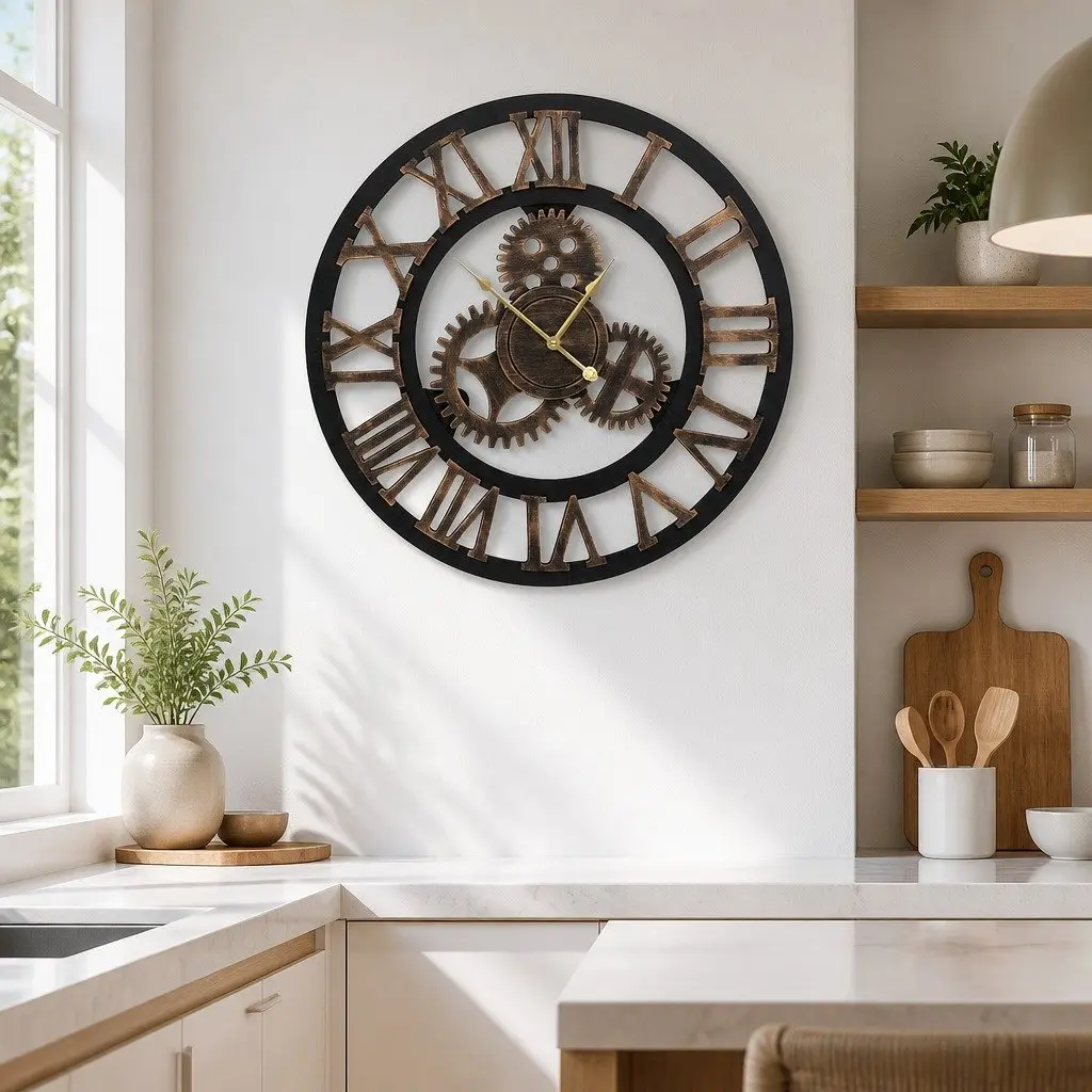 80cm Wall Clock Retro Roman Numerals Steampunk Design Large Home Decor Brown