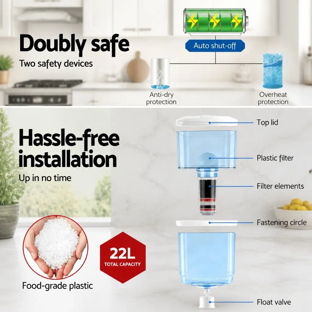 Water Dispenser White 22L Countertop Filtered Cooler Hot Cold Room Temperature