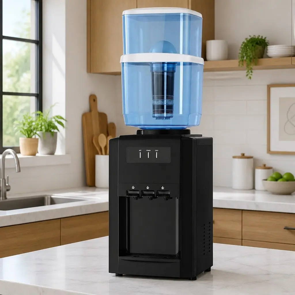 22L Water Dispenser Black Countertop Three Taps Hot Cold Room Temperature Filter