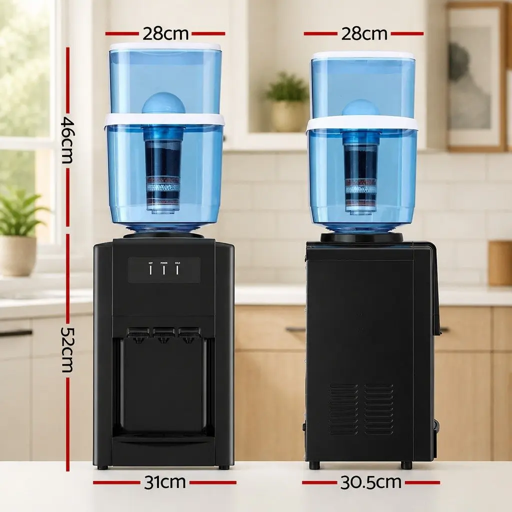 22L Water Dispenser Black Countertop Three Taps Hot Cold Room Temperature Filter