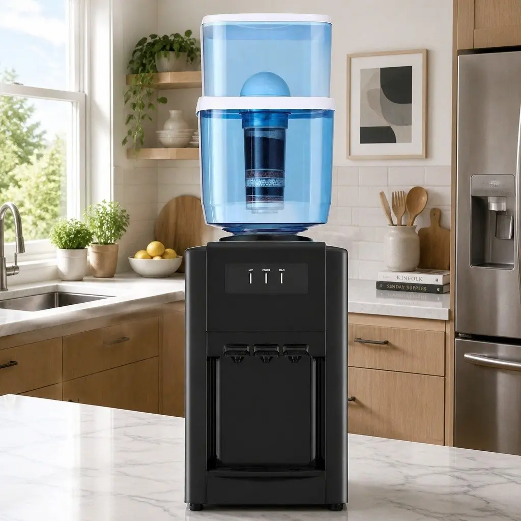 22L Water Dispenser Black Countertop Three Taps Hot Cold Room Temperature Filter