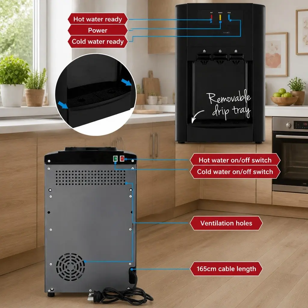 22L Water Dispenser Black Countertop Three Taps Hot Cold Room Temperature Filter