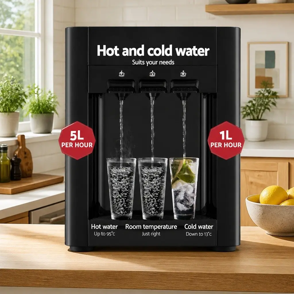 22L Water Dispenser Black Countertop Three Taps Hot Cold Room Temperature Filter