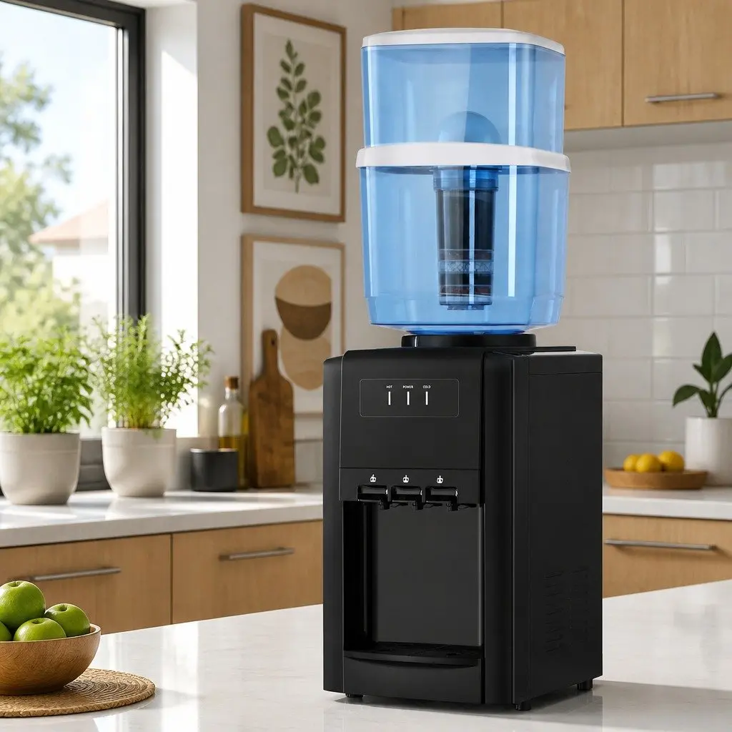 22L Water Dispenser Black Countertop Three Taps Hot Cold Room Temperature Filter