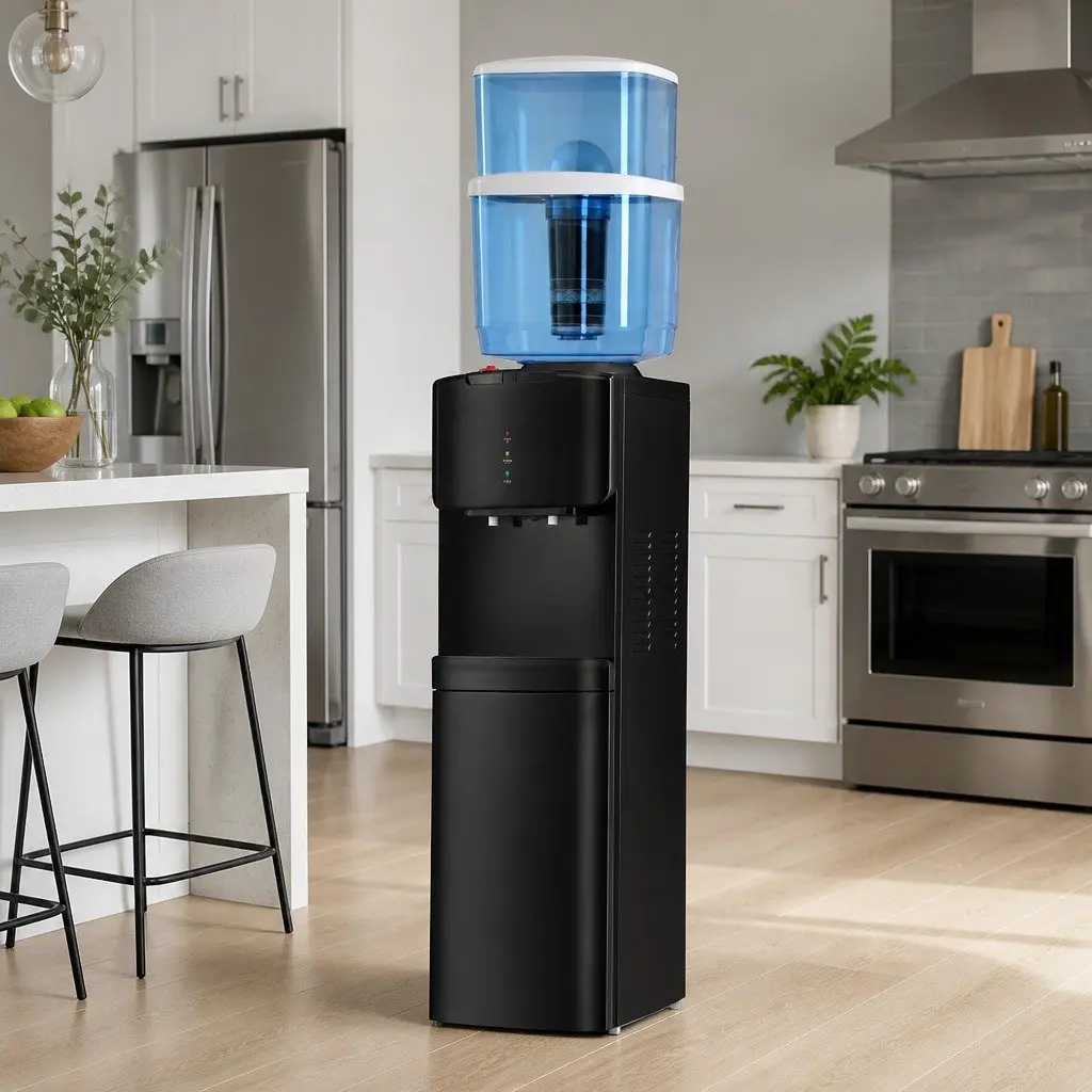Water Dispenser Black Top Loading 22L Hot Cold Dual Tap 7 Stage Filtration Adjustable Tray Height Child Lock