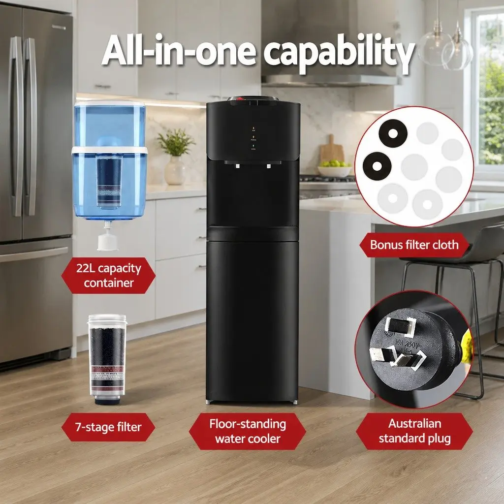 Water Dispenser Black Top Loading 22L Hot Cold Dual Tap 7 Stage Filtration Adjustable Tray Height Child Lock