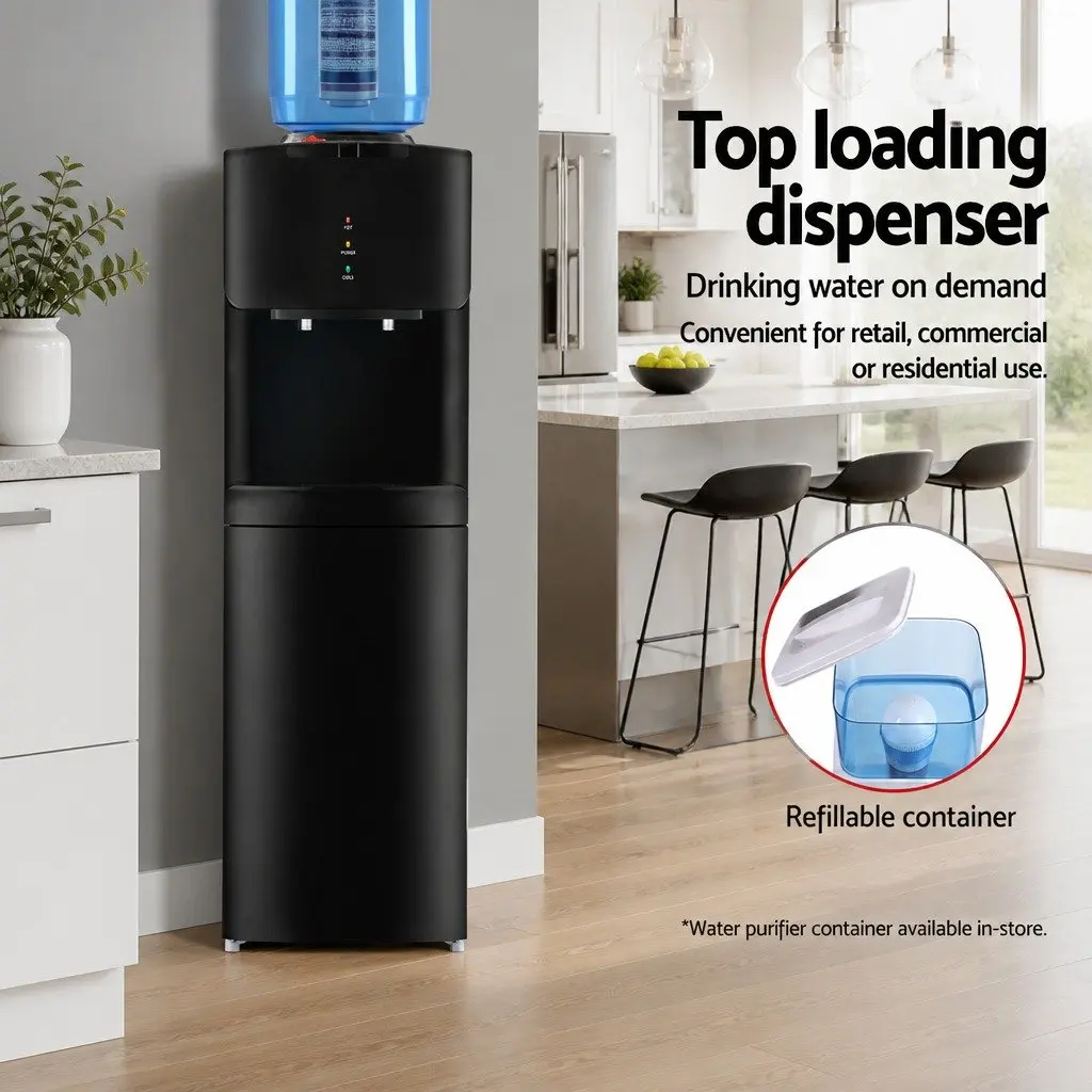 Water Dispenser Black Top Loading 22L Hot Cold Dual Tap 7 Stage Filtration Adjustable Tray Height Child Lock