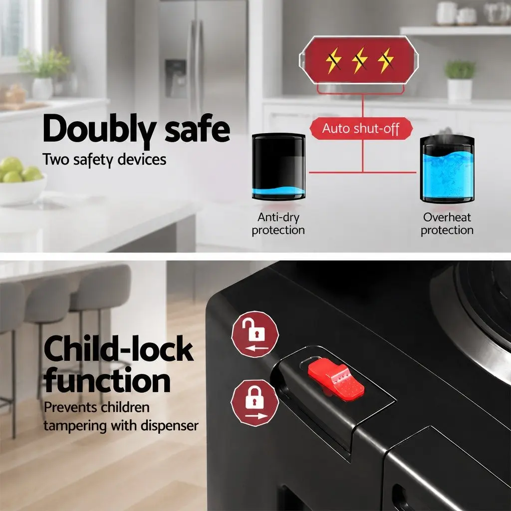 Water Dispenser Black Top Loading 22L Hot Cold Dual Tap 7 Stage Filtration Adjustable Tray Height Child Lock