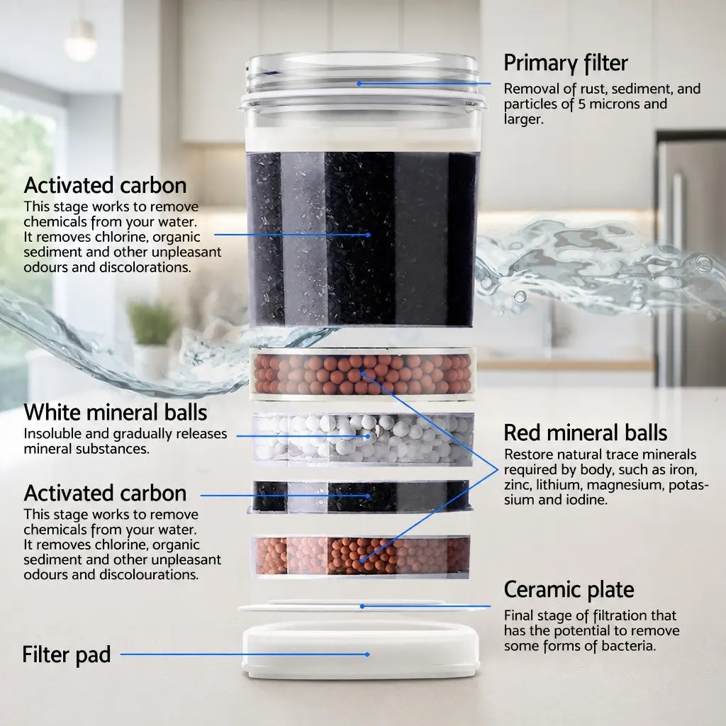 Water Dispenser Black Top Loading 22L Hot Cold Dual Tap 7 Stage Filtration Adjustable Tray Height Child Lock